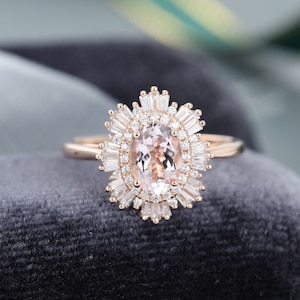 Oval Morganite engagement ring Vintage art deco engagement ring rose gold Halo Diamond ring Unique baguette Bridal Anniversary gift