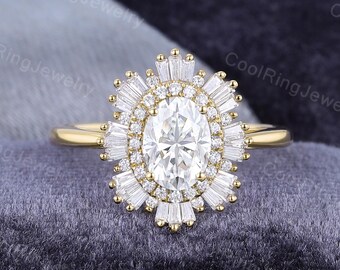 Unique Oval Moissanite engagement ring Vintage baguette cut Halo Diamond engagement ring yellow gold ring art deco Antique gift for women
