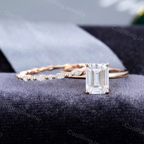Emerald cut moissanite engagement ring set Solitaire engagement ring Rose gold Unique Full eternity Marquise ring Anniversary gift for women
