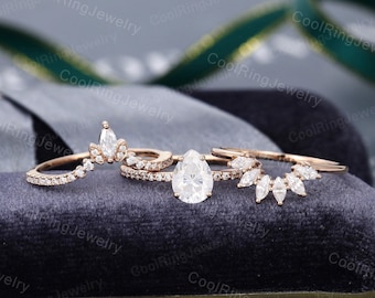 Anillo de compromiso Moissanite en forma de pera conjunto Rose Gold Marquise corte anillo vintage art deco Bridal set Promise ring Regalo de aniversario para las mujeres