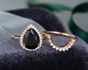 Black Onyx engagement ring set vintage Halo engagement ring Rose Gold pear shaped Moissanite ring Bridal Anniversary gift for her