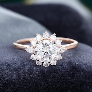 Moissanite engagement ring vintage Rose Gold engagement ring Halo Flower pear shaped ring Bridal Anniversary gift for women