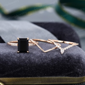 Emerald cut Black Onyx engagement ring set vintage Moissanite Diamond rose gold ring Curved stacking matching band Bridal gift for women image 1