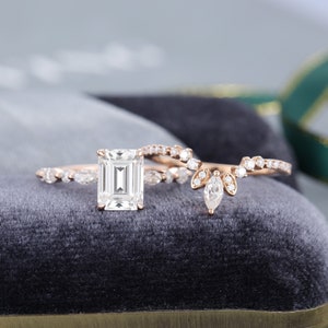 Moissanite engagement rings Emerald cut Rose gold ring Half eternity minimalist ring Curved Marquise cut Moissanite/Diamond ring bridal gift