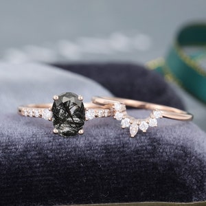 Anillo de compromiso ovalado de cuarzo rutilado negro, conjunto nupcial de oro rosa, anillo de diamantes naturales talla marquesa, anillo de aniversario de boda art déco