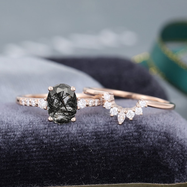 Anillo de compromiso ovalado de cuarzo rutilado negro, conjunto nupcial de oro rosa, anillo de diamantes naturales talla marquesa, anillo de aniversario de boda art déco