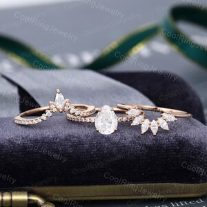 Pear shaped Moissanite engagement ring set Rose Gold Marquise cut vintage ring art deco Bridal set Promise ring Anniversary gift for women 3PCS ring set