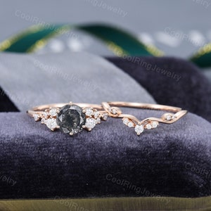 Vintage Salt and pepper diamond engagement ring set Rose gold diamond cluster engagement ring Curved ring art deco Wedding anniversary gift