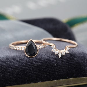 Pear shaped Black Onyx engagement ring set Rose gold engagement ring Unique Curved moissanite vintage ring art deco Bridal gift for woman