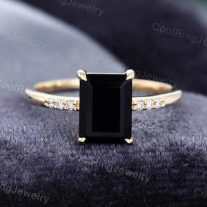 Emerald cut Black Onyx engagement ring Diamond cluster vintage ring Yellow gold engagement ring Bridal ring Anniversary gift for women