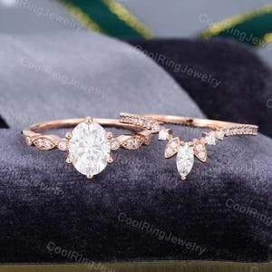 Oval cut Moissanite engagement ring set Rose gold ring Marquise cut diamond vintage ring Bridal ring art deco Anniversary gift for women