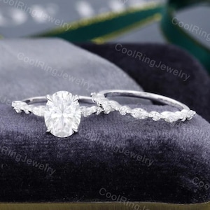 2CT Oval Moissanite engagement ring set White gold engagement ring Half eternity Marquise cut vintage ring Bridal ring Promise gift for her