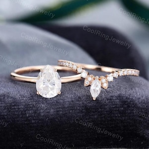 Pear shaped Moissanite engagement ring set Rose Gold engagement ring Marquise cut ring Bridal ring art deco Anniversary gift for women