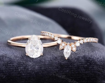 Conjunto de anillo de compromiso de moissanita en forma de pera, anillo de compromiso de oro rosa, anillo con talla marquesa, anillo nupcial estilo art déco, regalo de aniversario para mujer.