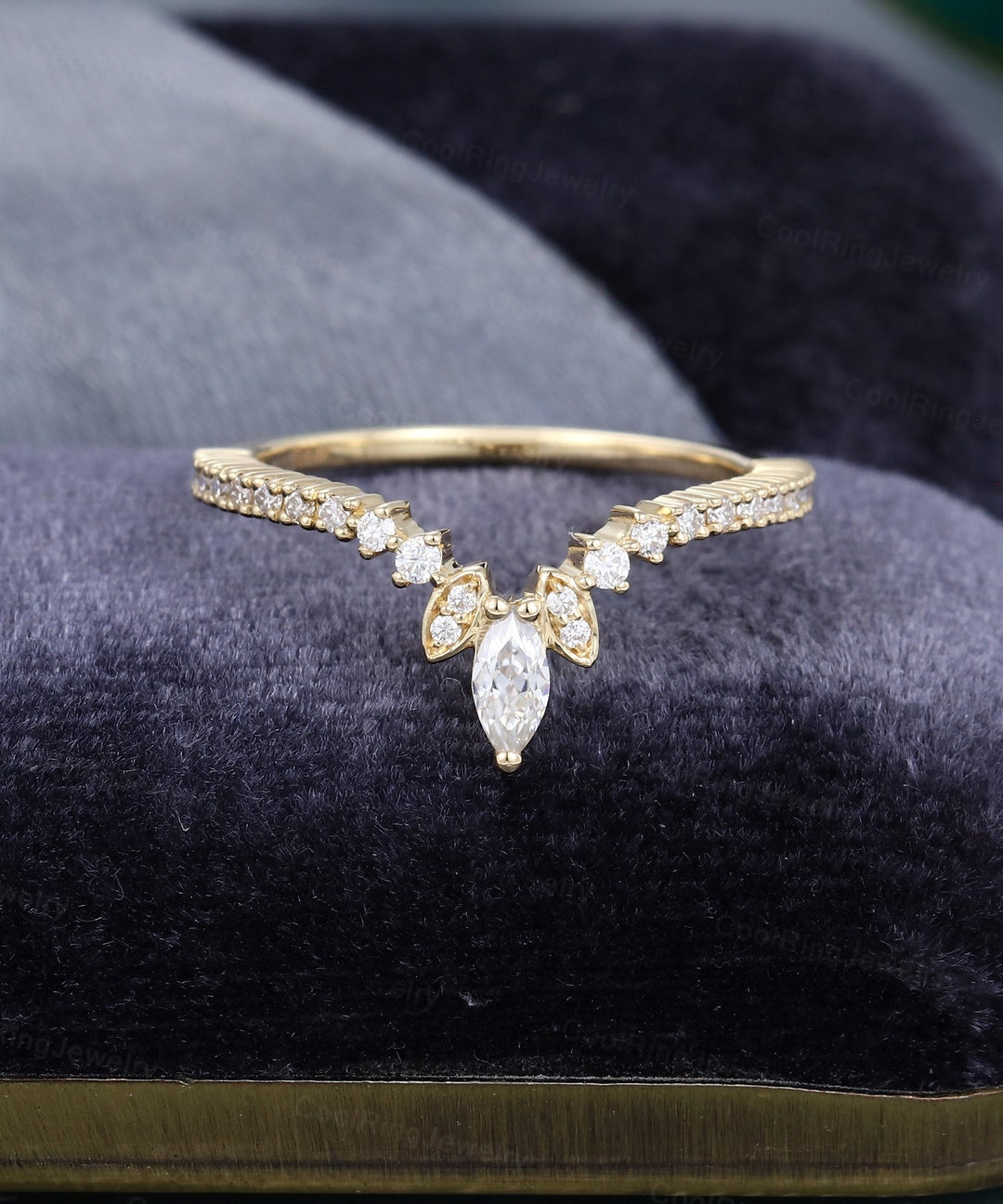 Unique Marquise Cut Diamond Wedding Band Women Curved Yellow Gold ...