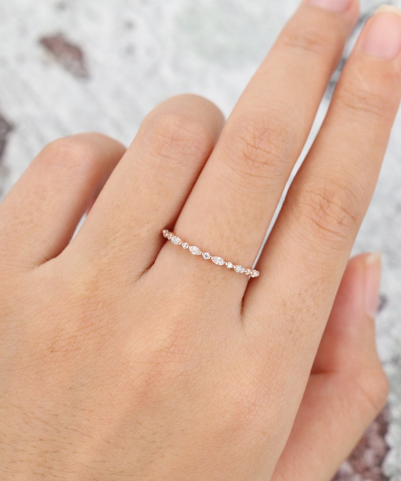 Half eternity wedding band women Moissanite wedding band Rose gold Marquise cut diamond stacking matching Vintage ring Bridal Gift for women image 3