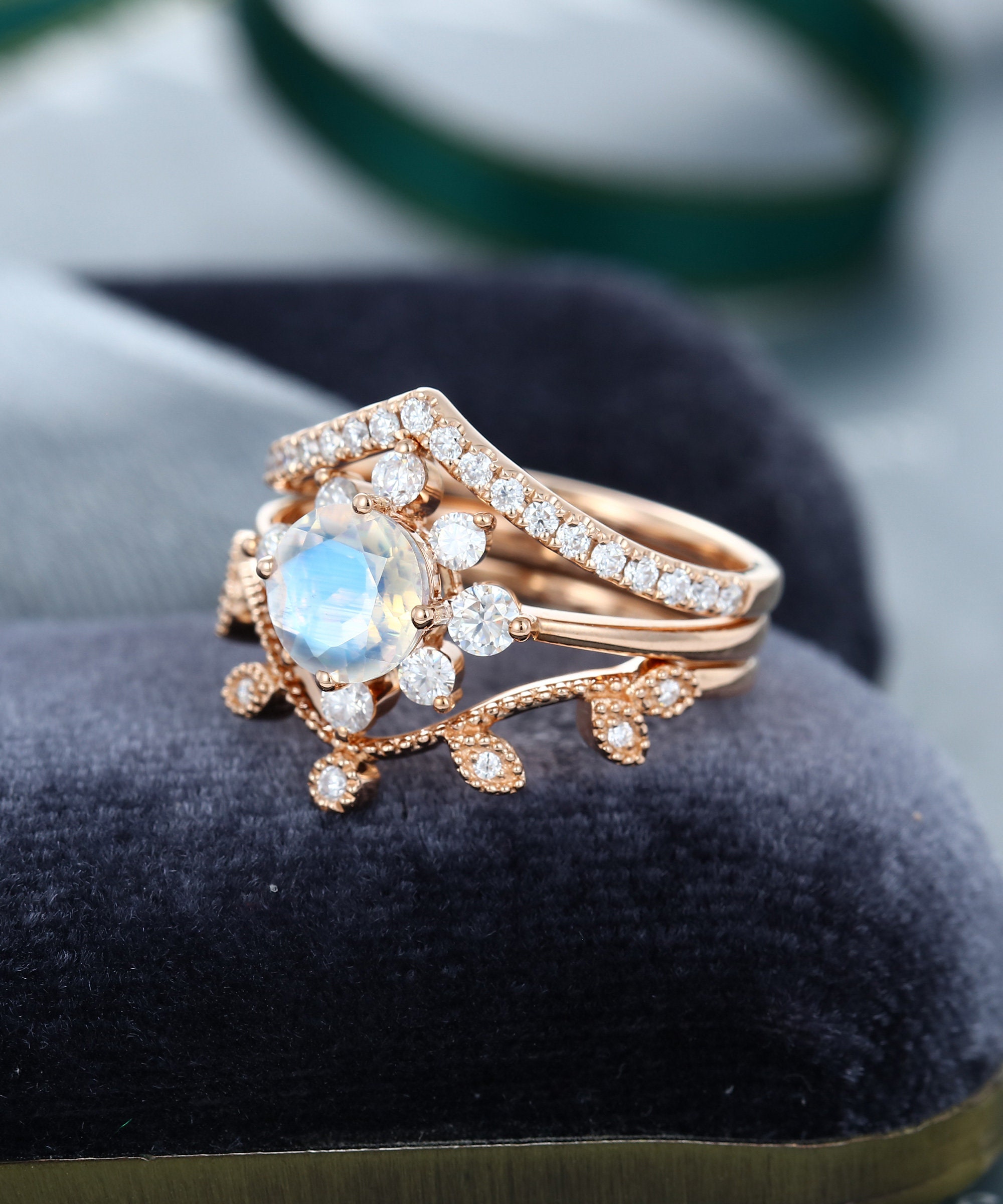 Rose Gold Moonstone Engagement Ring Set Unique Flower Halo | Etsy