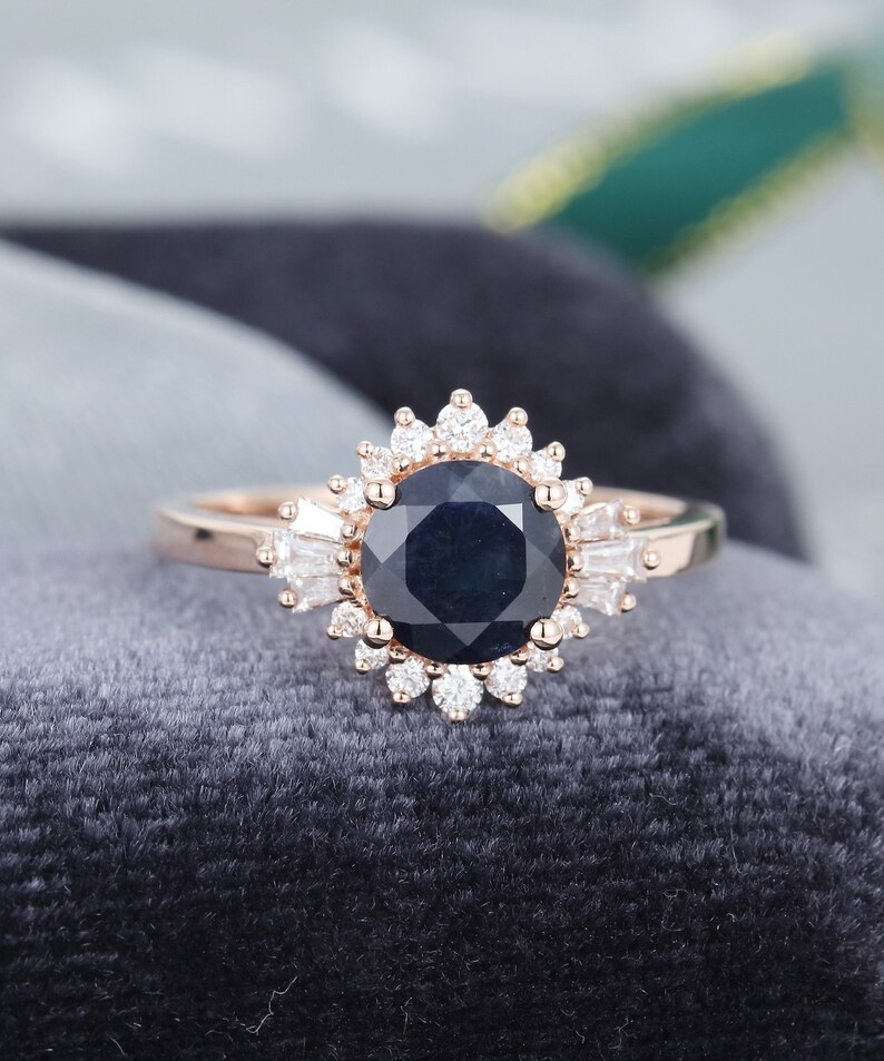 Black Sapphire Engagement Ring Vintage Halo Unique Rose Gold | Etsy