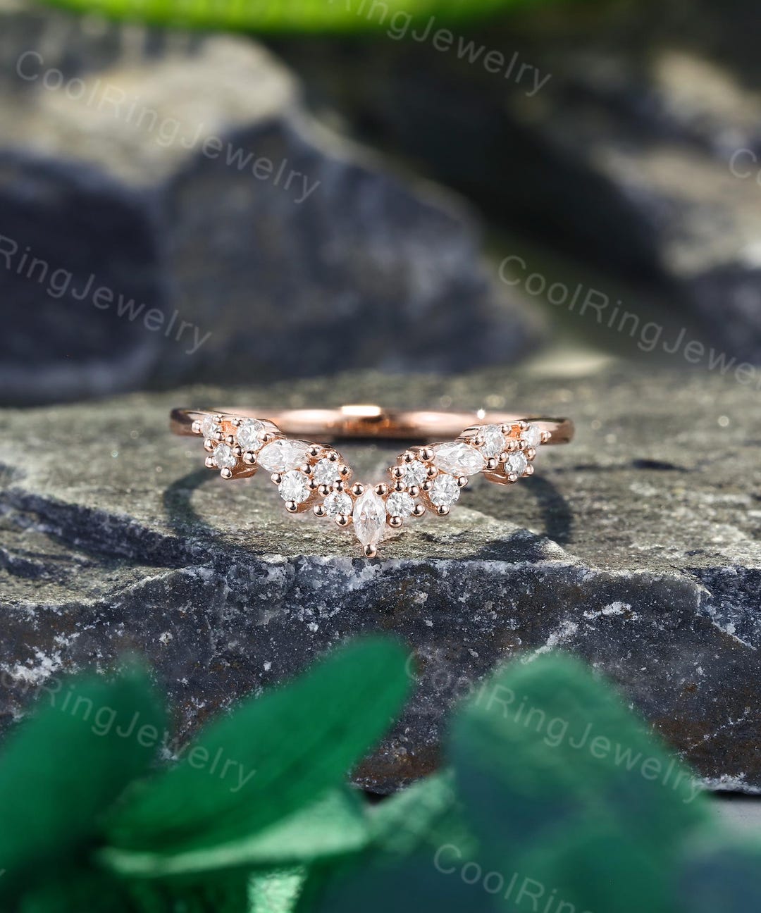 Marquise Cut Moissanite Wedding Band 14k Rose Gold Diamond Ring Curved ...