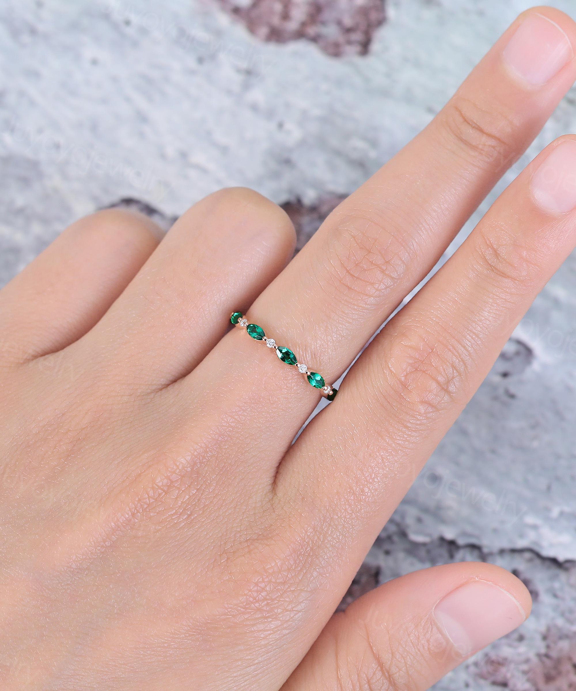 Emerald Wedding Band Solid Gold Vintage Marquise Cut Ring Full Eternity ...