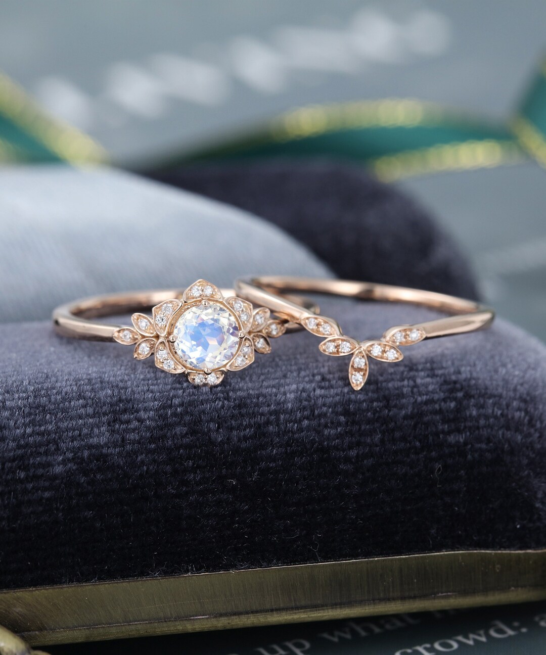 Moonstone Engagement Ring Set Vintage Rose Gold Unique Cluster - Etsy