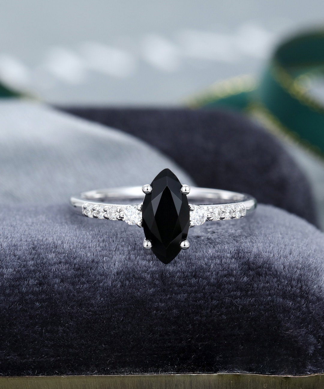 Marquise Cut Black Onyx Engagement Ring Vintage White Gold Engagement ...