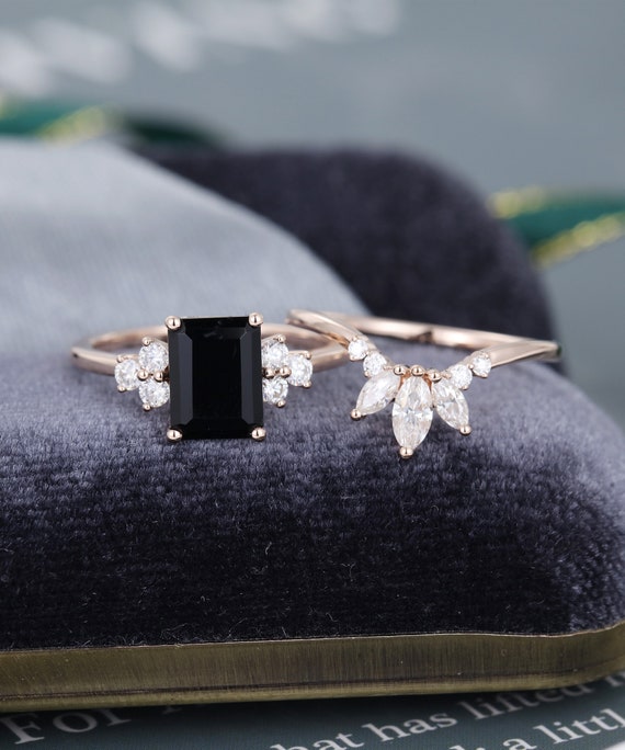 2pcs Emerald Cut Black Onyx Engagement Ring Set Vintage Rose Etsy