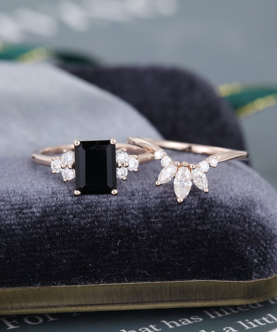2pcs Emerald Cut Black Onyx Engagement Ring Set Vintage Rose Etsy 2pcs Emerald Cut Black Onyx Engagement Ring Set Vintage Rose Etsy