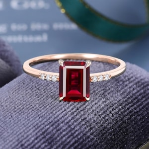 Emerald cut Ruby engagement ring Vintage natural diamond Cluster Ring Unique solid rose gold ring Wedding Bridal anniversary ring gift