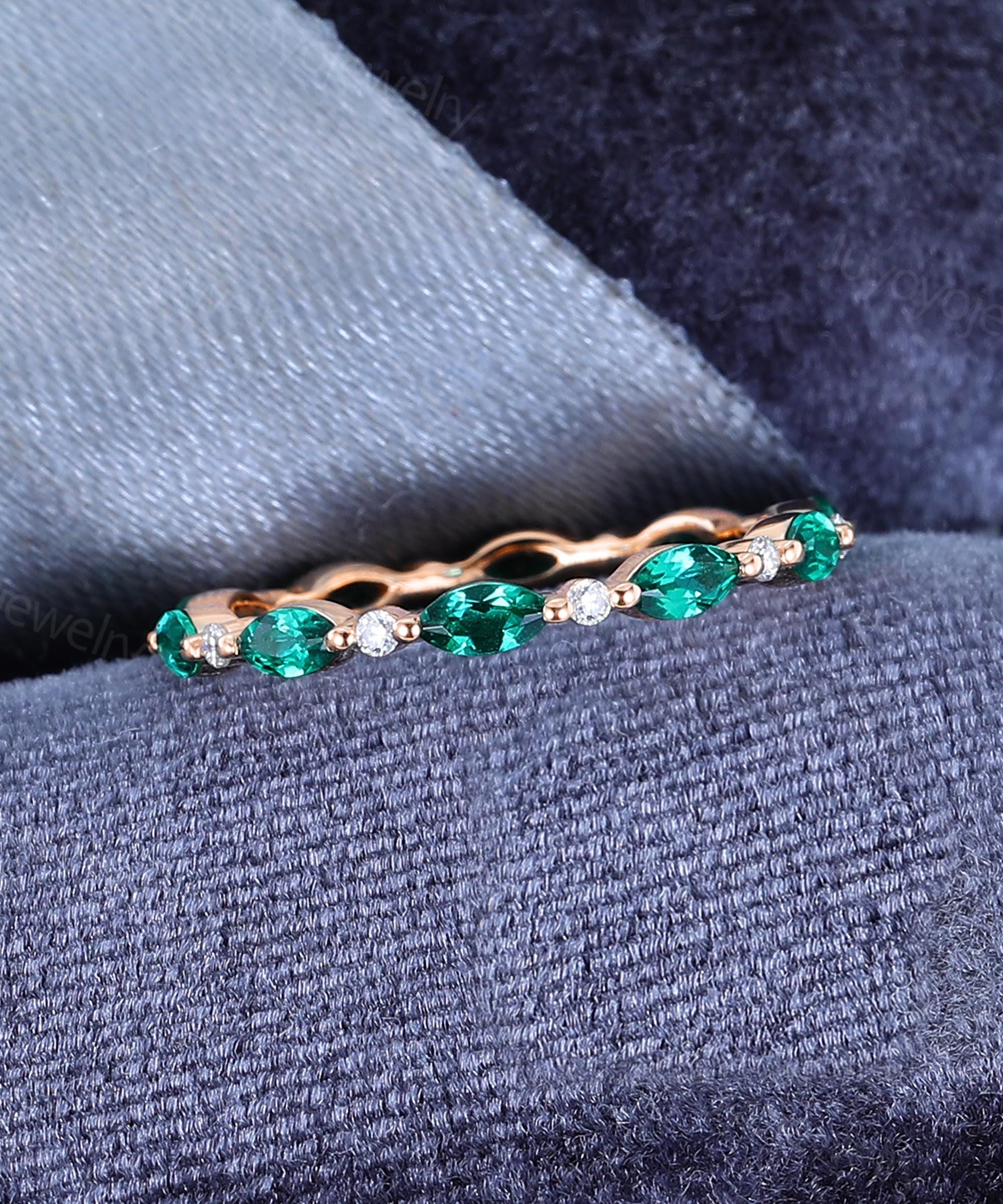 Emerald Wedding Band Solid Gold Vintage Marquise Cut Ring Full Eternity ...