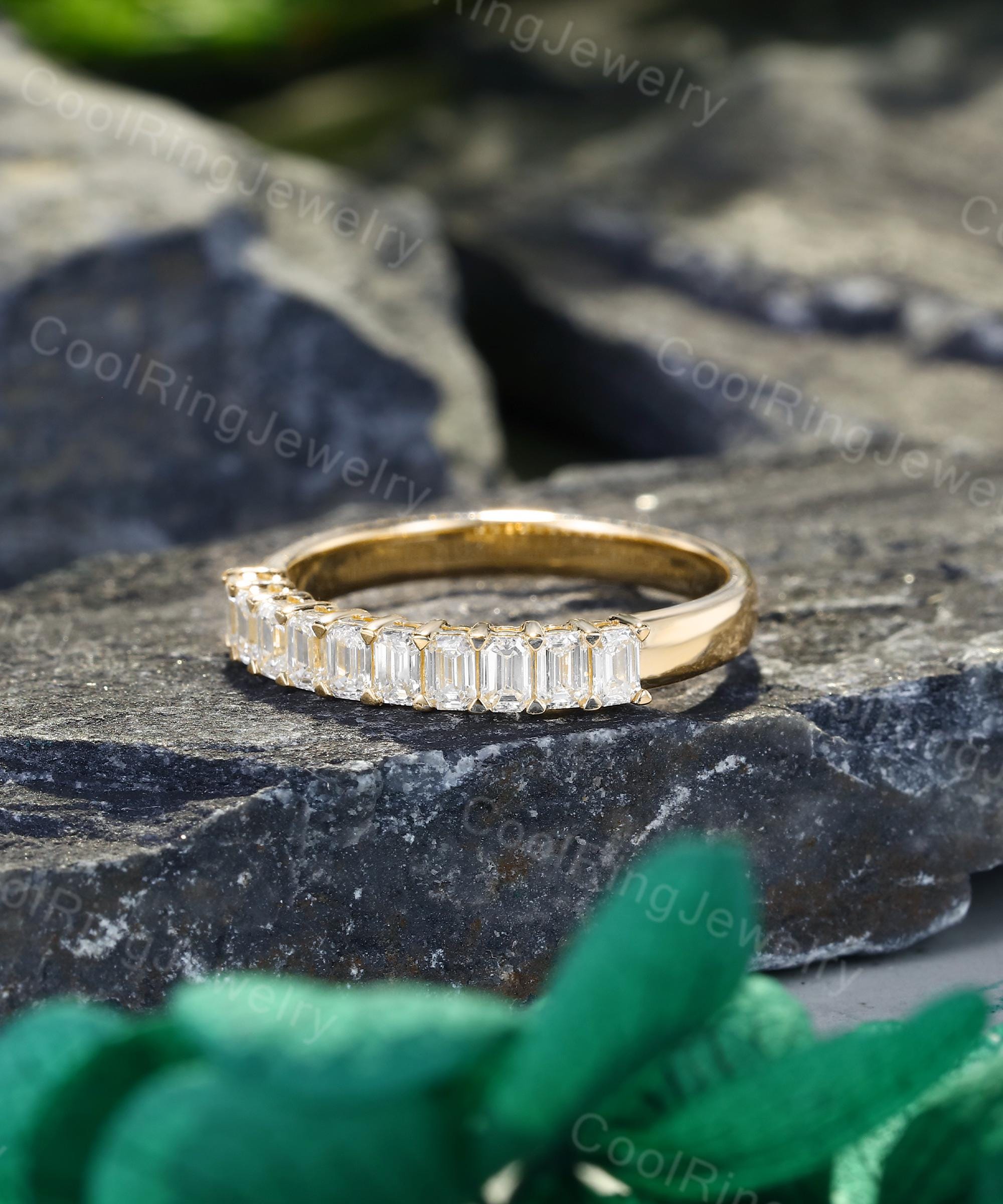 Half Eternity Moissanite Wedding Band Unique Emerald Cut Ring Solid ...