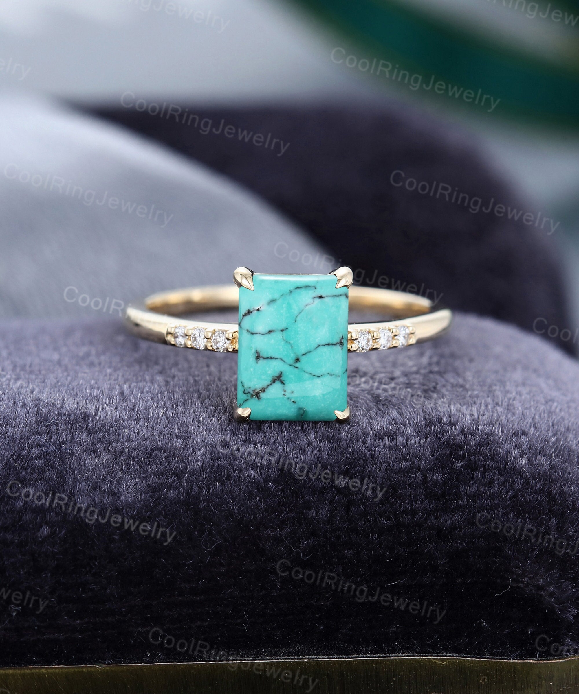 Emerald Cut Turquoise Engagement Ring Vintage Diamond Yellow Gold