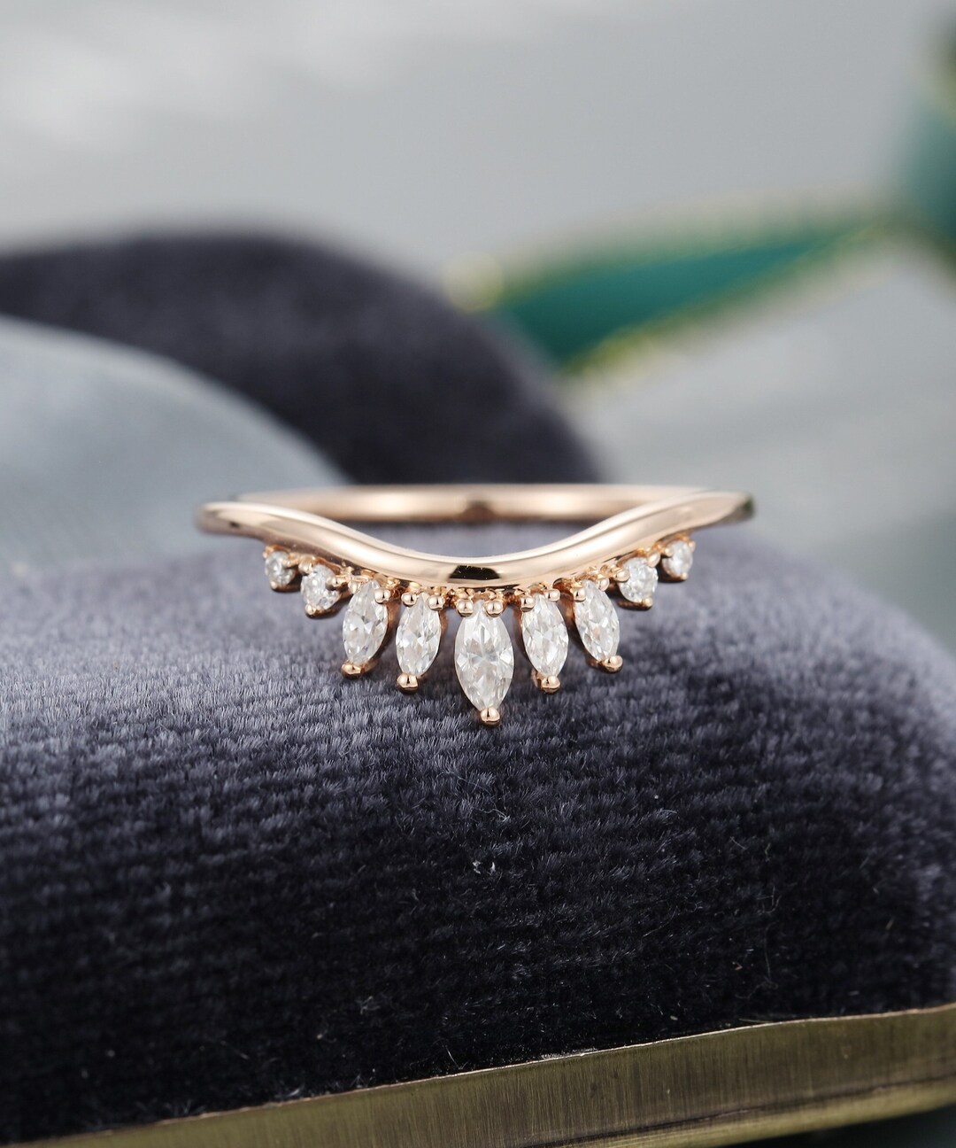 Marquise Cut Moissanite Curved Wedding Band Rose Gold Women Solid 14K ...