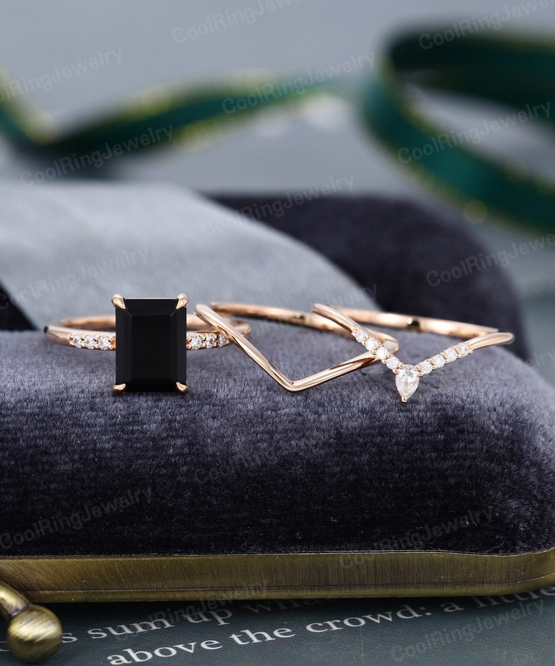 Emerald cut Black Onyx engagement ring set vintage Moissanite Diamond rose gold ring Curved stacking matching band Bridal gift for women image 1