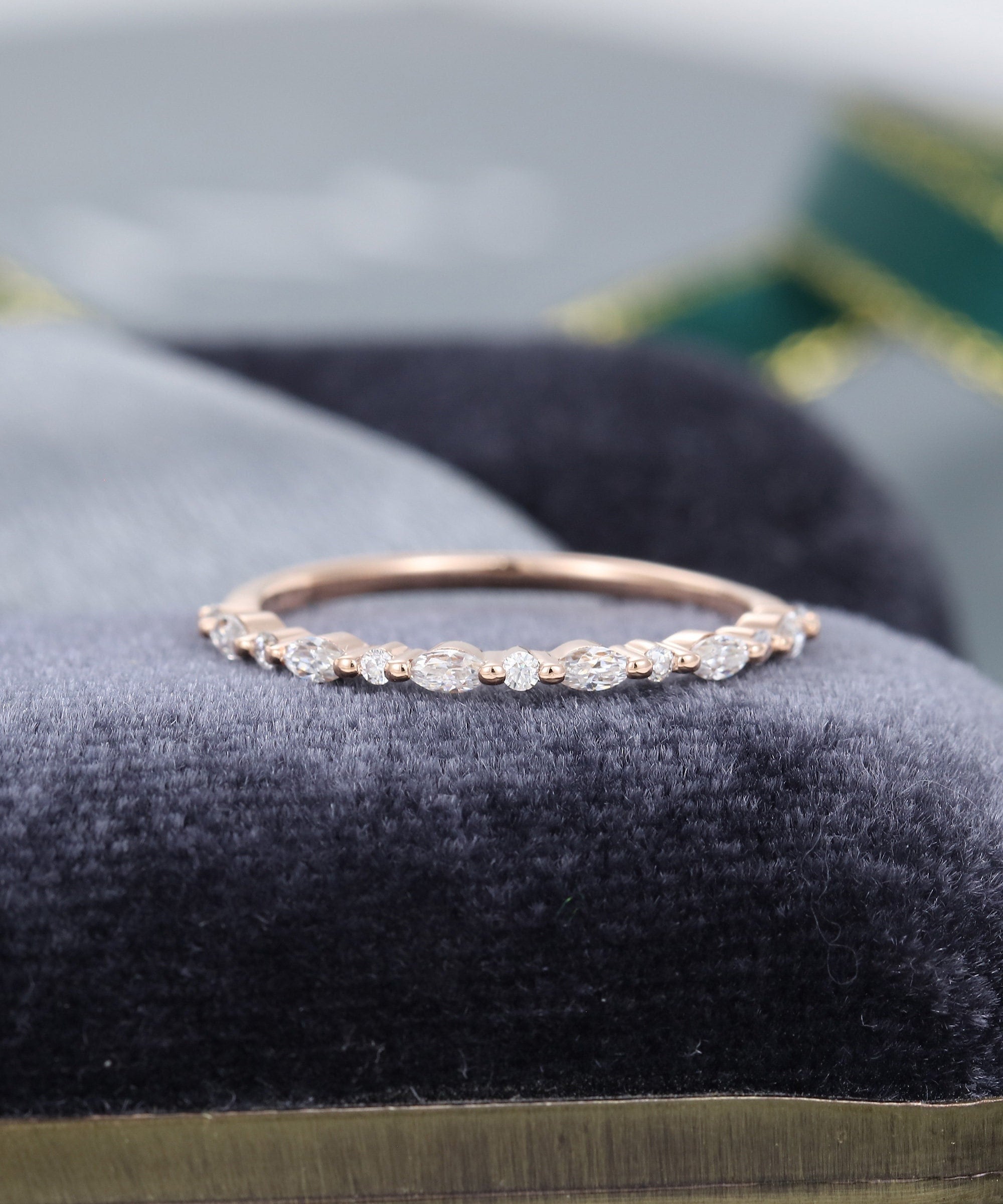 Half eternity Lab grown diamond wedding band women Moissanite band Solid Rose gold ring Marquise cut diamond stacking matching ring gift