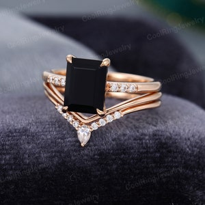 Emerald cut Black Onyx engagement ring set vintage Moissanite Diamond rose gold ring Curved stacking matching band Bridal gift for women image 2