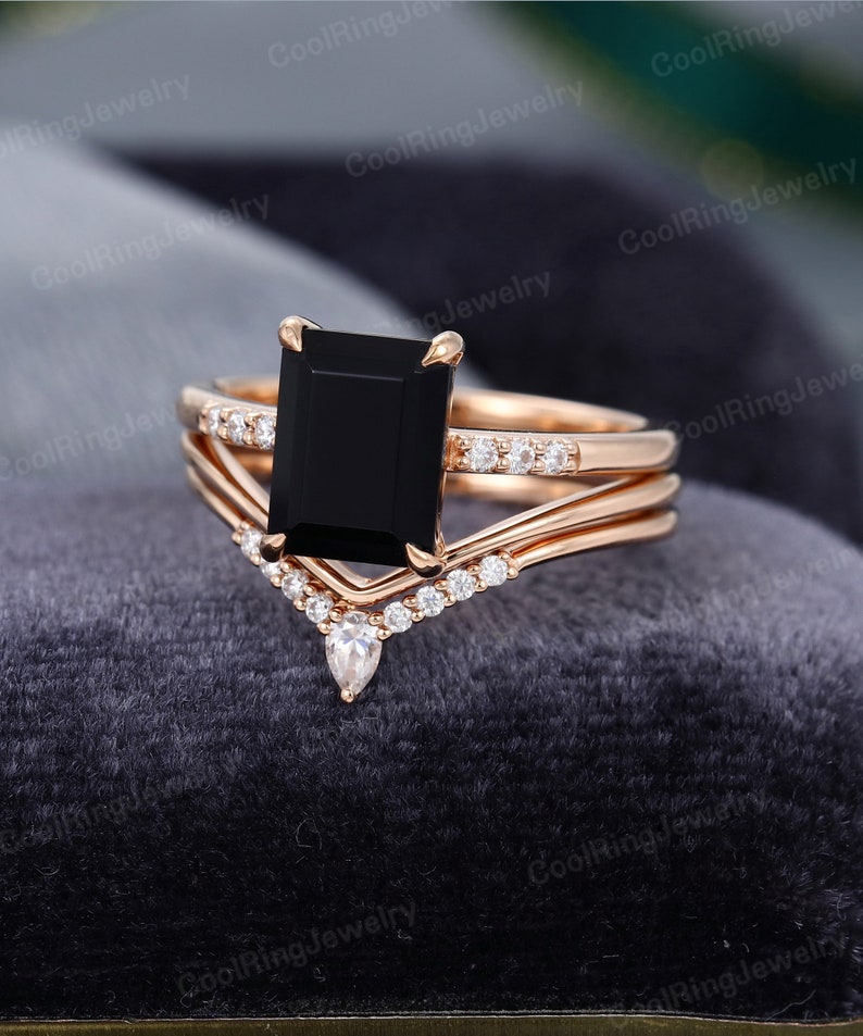 Emerald cut Black Onyx engagement ring set vintage Moissanite Diamond rose gold ring Curved stacking matching band Bridal gift for women image 2