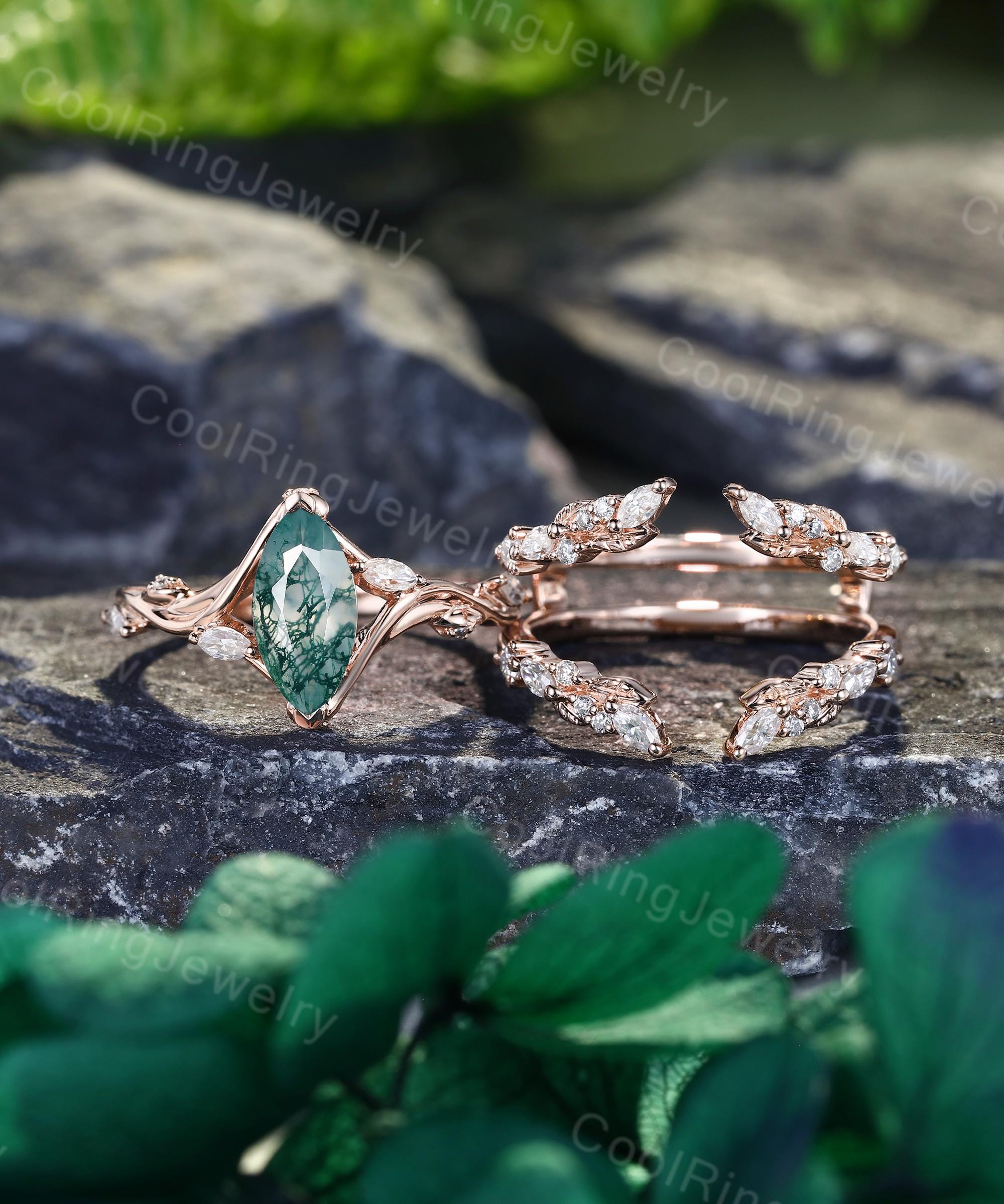 Ring Agate Moss - Natural ring Cut Engagement Gold Kite Rose moss 