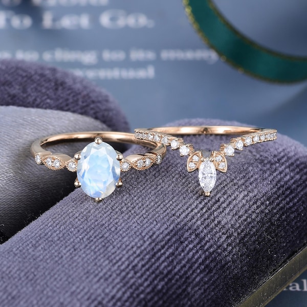 2PCS Oval cut Moonstone engagement ring set Rose gold ring Unique Curved Marquise cut Diamond ring Anniversary gift for women