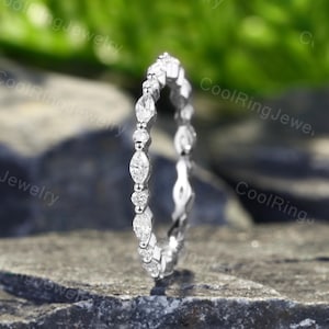 Lab grown diamond wedding band Vintage Solid White Gold ring Unique Full eternity Marquise cut stacking matching Bridal Promise ring