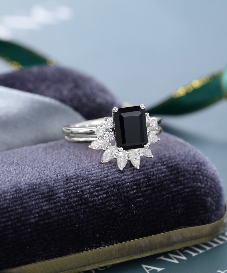 Emerald Cut Black Onyx Engagement Ring Set Solid 14k White Etsy Emerald Cut Black Onyx Engagement Ring Set Solid 14k White Etsy
