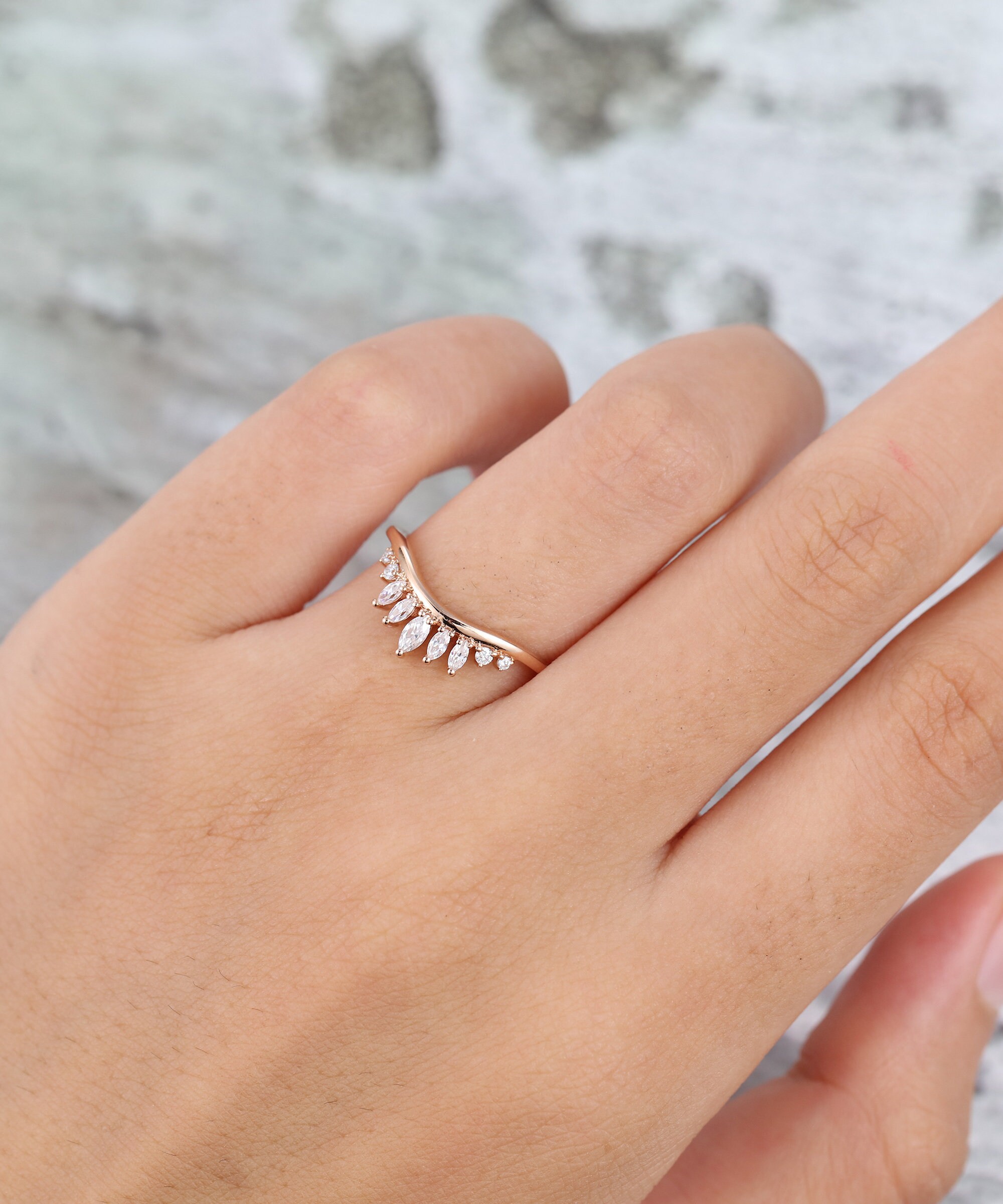 Marquise Cut Moissanite Curved Wedding Band Rose Gold Women Solid 14K ...