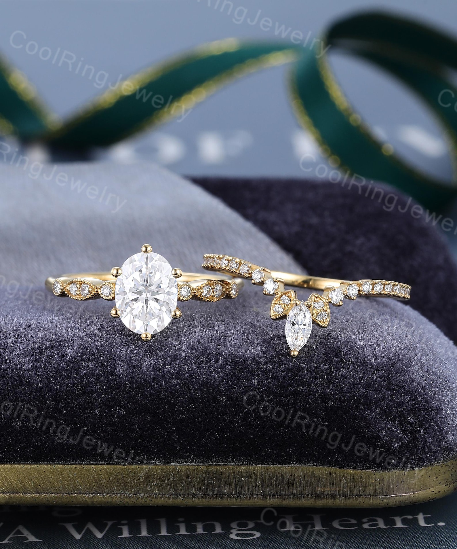 Oval Moissanite Engagement Ring Set Yellow Gold Unique Engagement Ring ...