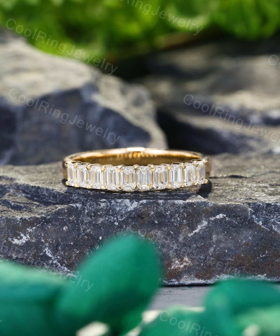 Half Eternity Moissanite Wedding Band Unique Emerald Cut Ring Solid ...