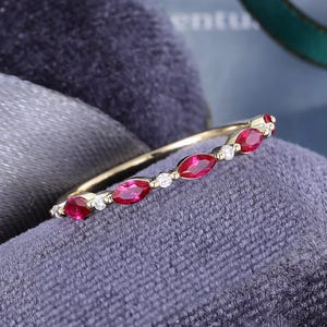 Half eternity Marquise cut Ruby wedding band Solid Yellow gold Moissanite bridal ring stacking matching ring promise anniversary gift