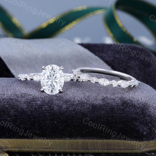 2CT Oval Moissanite engagement ring set White gold engagement ring Half eternity Marquise cut vintage ring Bridal ring Promise gift for her