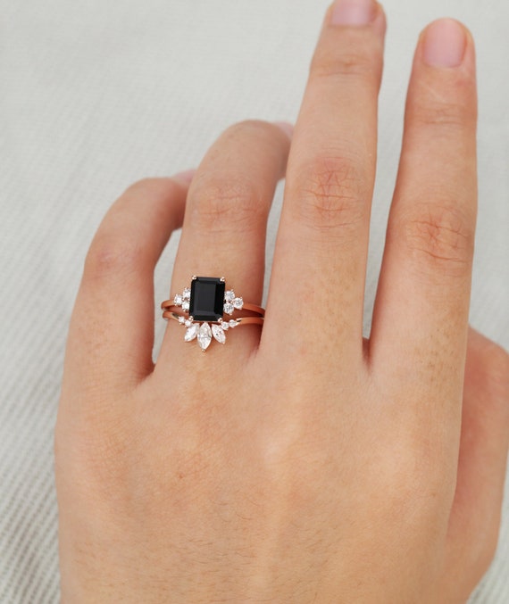 2pcs Emerald Cut Black Onyx Engagement Ring Set Vintage Rose Etsy 2pcs Emerald Cut Black Onyx Engagement Ring Set Vintage Rose Etsy