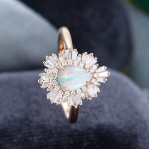 Opal Engagement Ring Vintage Halo Baguette Diamond Unique Art - Etsy