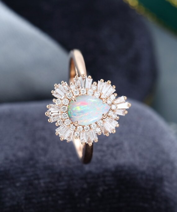 Opal engagement ring Vintage Halo baguette Diamond Unique art deco Rose gold engagement ring Pear cut ring Anniversary gift for women