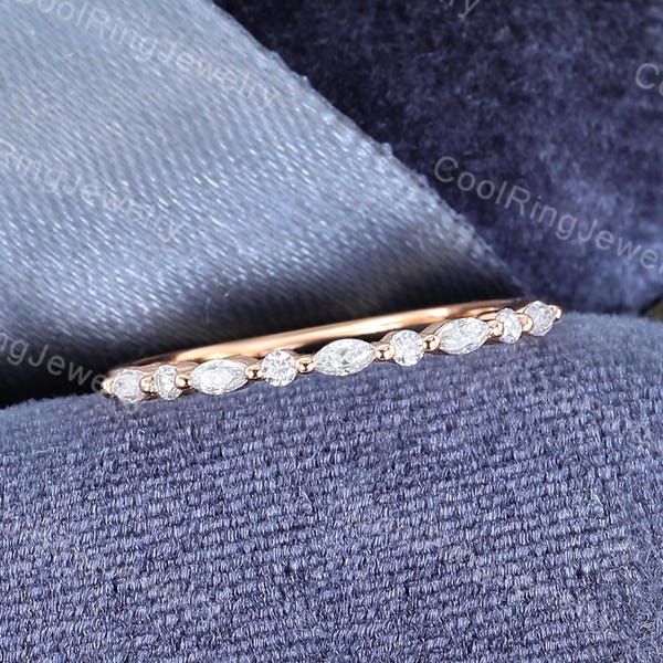 Halv evighet vigselring med labbodlad diamant för kvinnor Moissanitring i massivt roséguld, marquise-slipad diamant, matchande stapelring i present